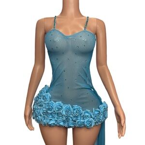 Blue Lace Chemise with Adjustable Straps Rhinestone Rose Removable  Tail Dress